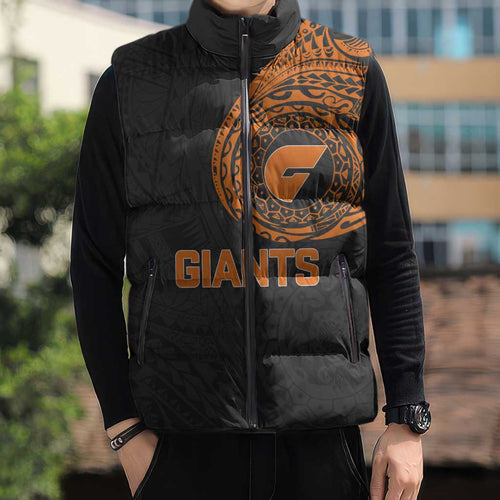 Personalized Giants Polynesian Sleeveless Puffer Jacket Tribal Chest and Sleeve Tattoo Heritage Warrior