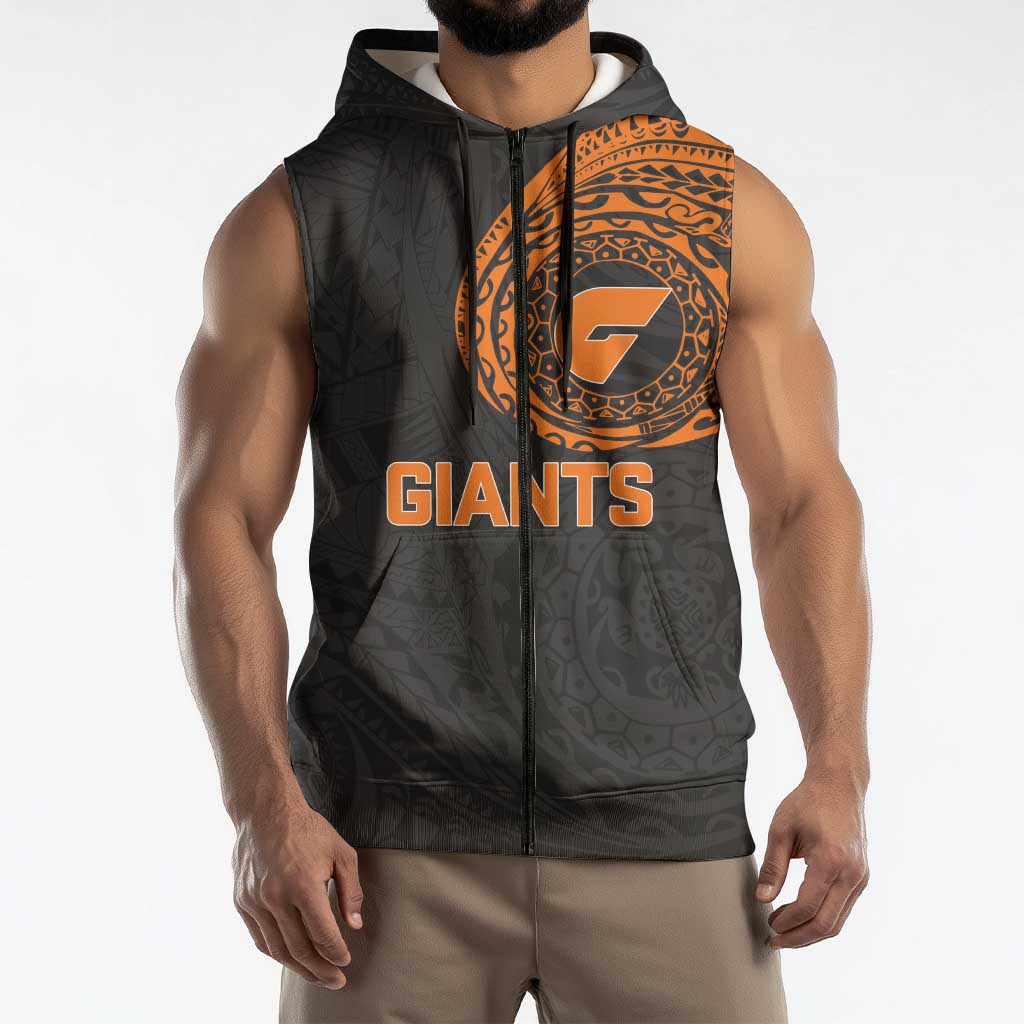 Personalized Giants Polynesian Sleeveless Zip Hoodie Tribal Chest and Sleeve Tattoo Heritage Warrior