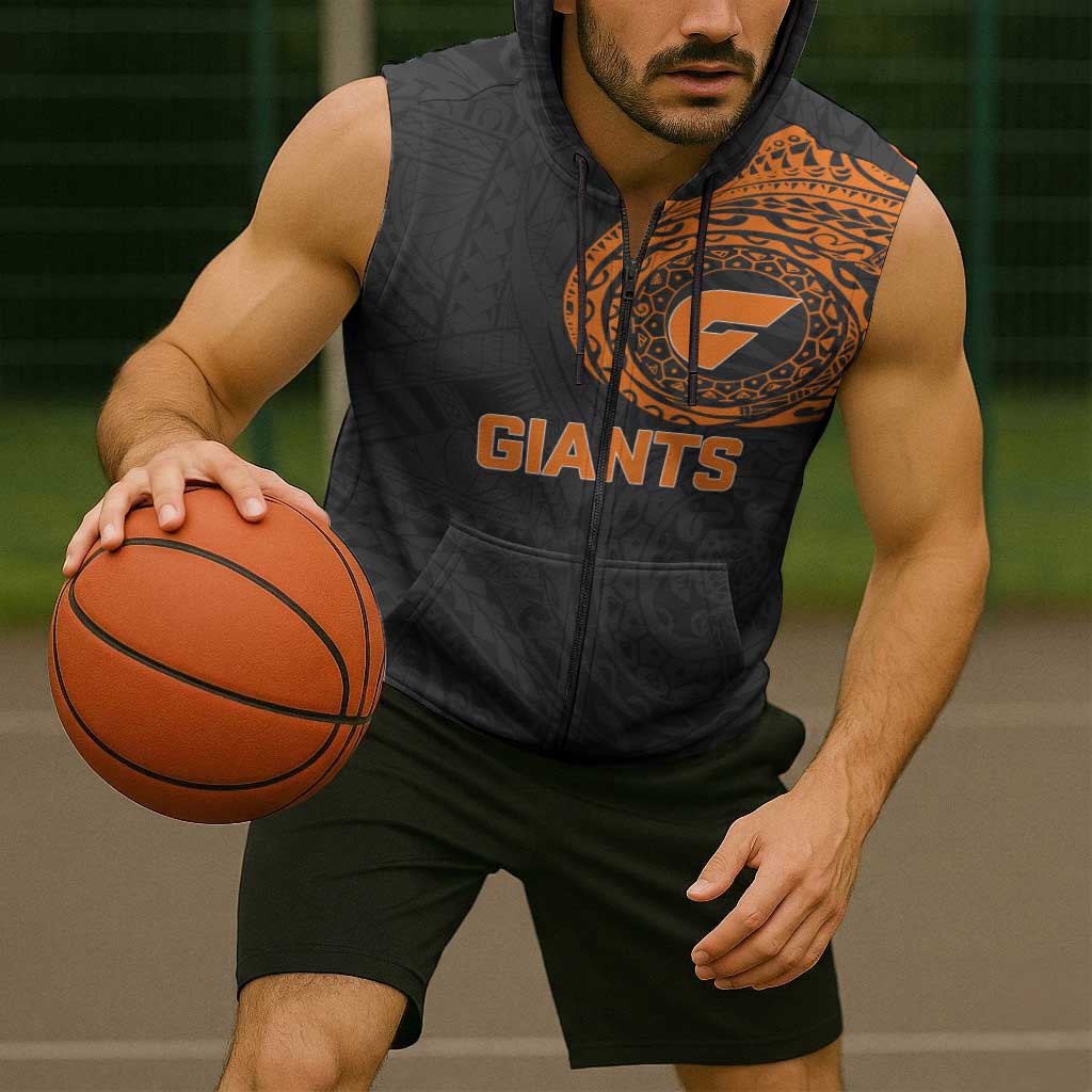 Personalized Giants Polynesian Sleeveless Zip Hoodie Tribal Chest and Sleeve Tattoo Heritage Warrior