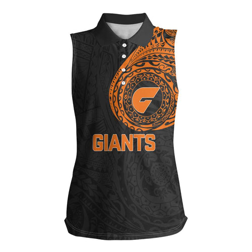 Personalized Giants Polynesian Women Sleeveless Polo Shirt Tribal Chest and Sleeve Tattoo Heritage Warrior