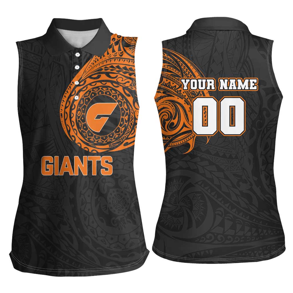 Personalized Giants Polynesian Women Sleeveless Polo Shirt Tribal Chest and Sleeve Tattoo Heritage Warrior