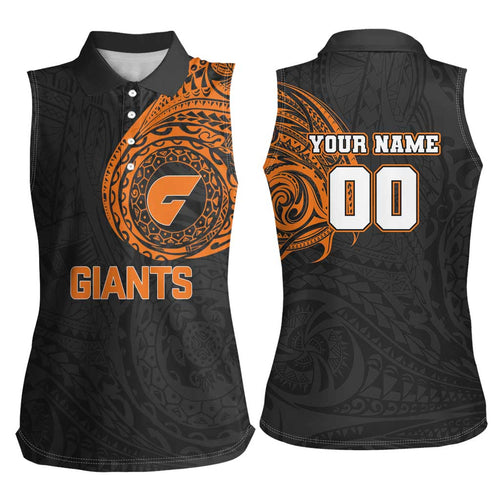 Personalized Giants Polynesian Women Sleeveless Polo Shirt Tribal Chest and Sleeve Tattoo Heritage Warrior