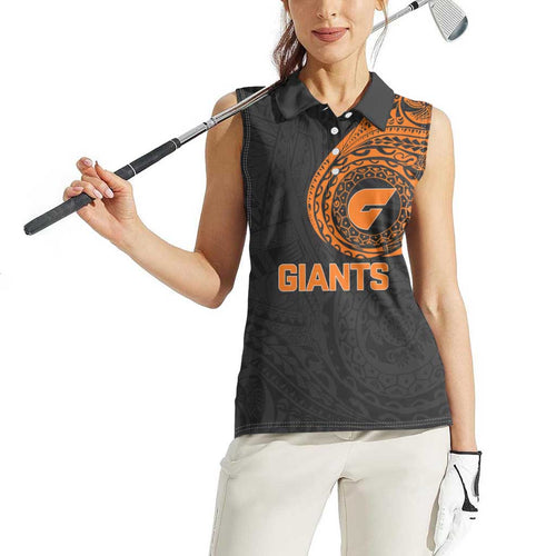 Personalized Giants Polynesian Women Sleeveless Polo Shirt Tribal Chest and Sleeve Tattoo Heritage Warrior