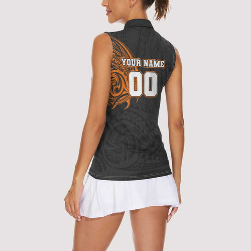Personalized Giants Polynesian Women Sleeveless Polo Shirt Tribal Chest and Sleeve Tattoo Heritage Warrior