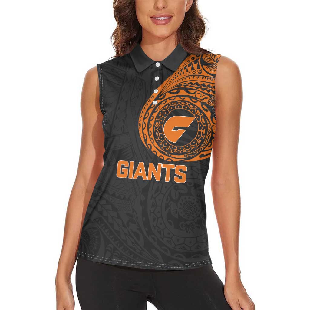 Personalized Giants Polynesian Women Sleeveless Polo Shirt Tribal Chest and Sleeve Tattoo Heritage Warrior