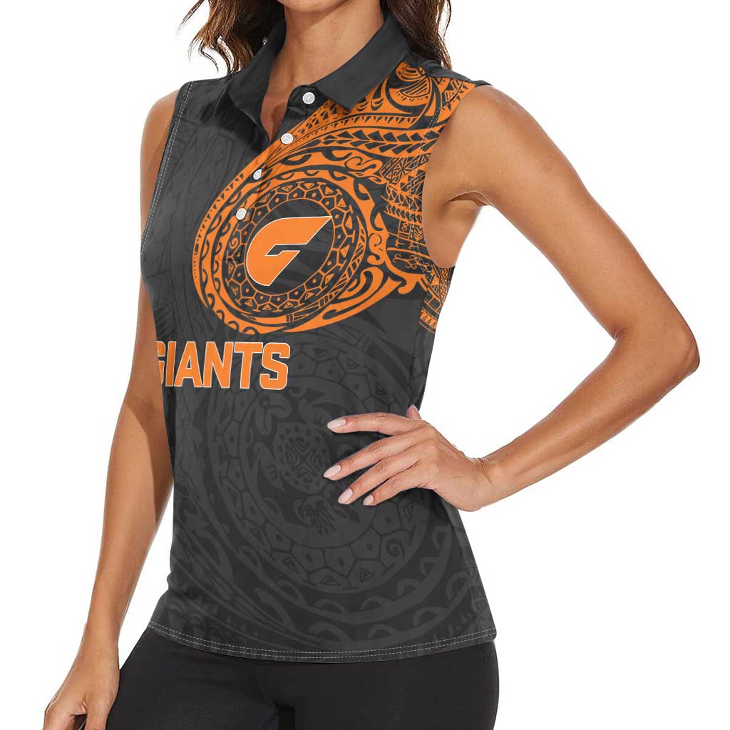 Personalized Giants Polynesian Women Sleeveless Polo Shirt Tribal Chest and Sleeve Tattoo Heritage Warrior