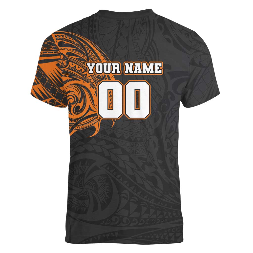 Personalized Giants Polynesian Women V-Neck T-Shirt Tribal Chest and Sleeve Tattoo Heritage Warrior