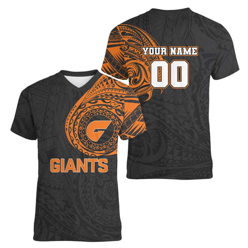 Personalized Giants Polynesian Women V-Neck T-Shirt Tribal Chest and Sleeve Tattoo Heritage Warrior