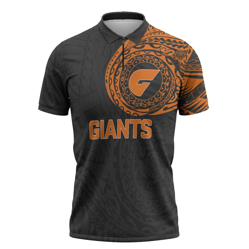 Personalized Giants Polynesian Zipper Polo Shirt Tribal Chest and Sleeve Tattoo Heritage Warrior