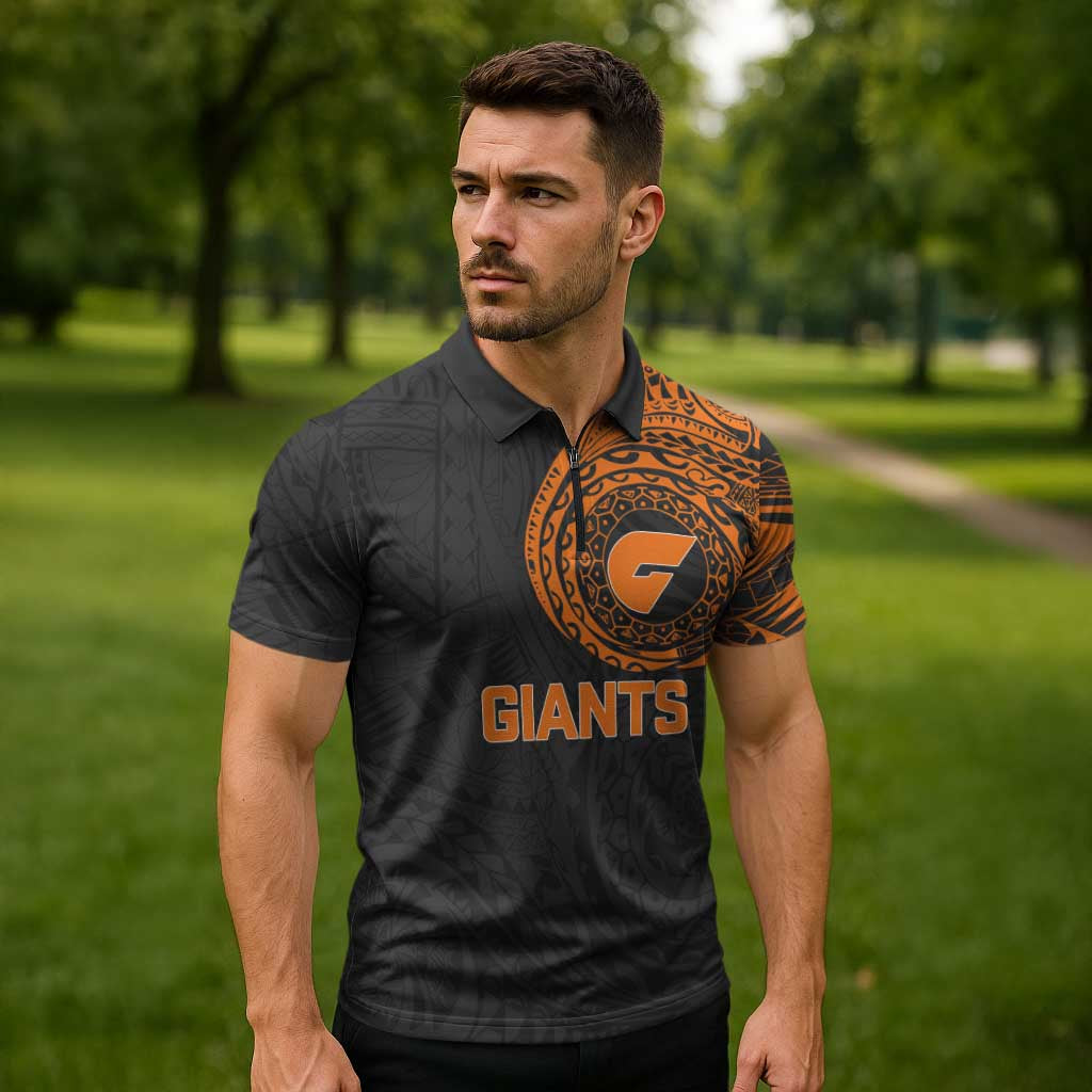 Personalized Giants Polynesian Zipper Polo Shirt Tribal Chest and Sleeve Tattoo Heritage Warrior