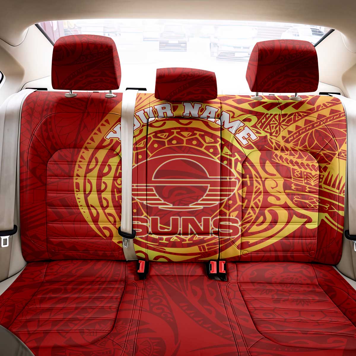 Personalized Gold Coast Suns Polynesian Back Car Seat Cover Tribal Chest and Sleeve Tattoo Heritage Warrior