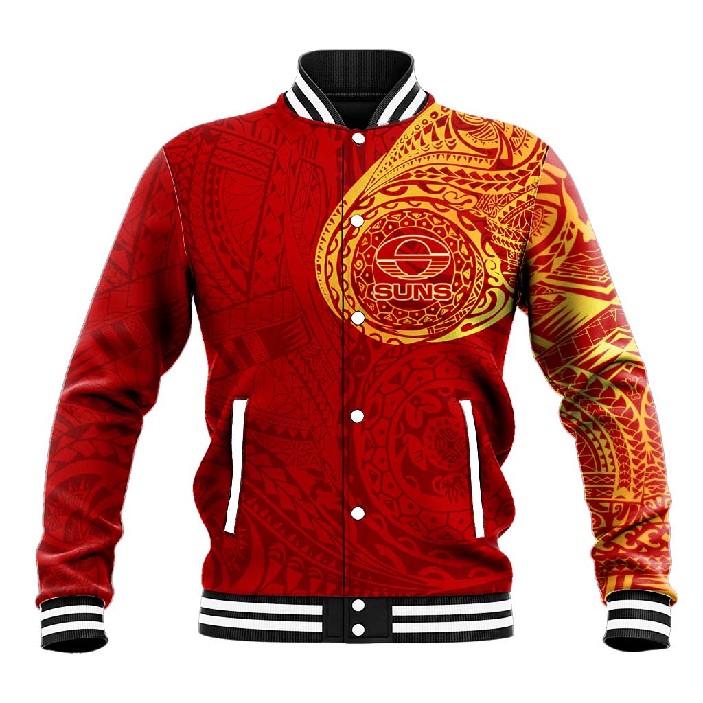 Personalized Gold Coast Suns Polynesian Baseball Jacket Tribal Chest and Sleeve Tattoo Heritage Warrior