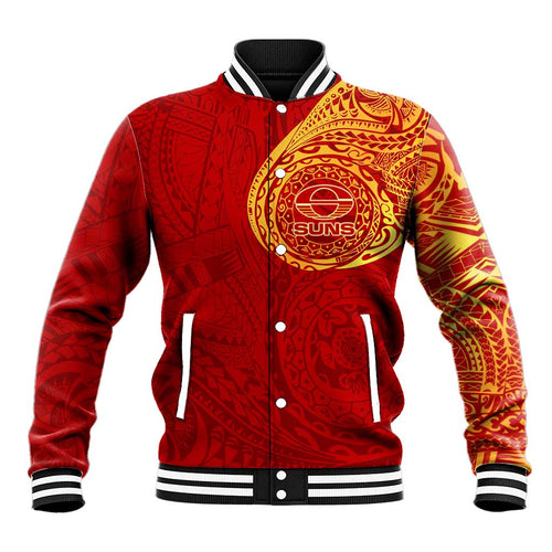 Personalized Gold Coast Suns Polynesian Baseball Jacket Tribal Chest and Sleeve Tattoo Heritage Warrior