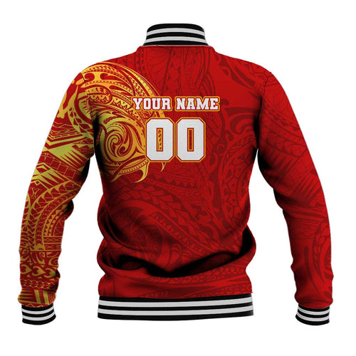 Personalized Gold Coast Suns Polynesian Baseball Jacket Tribal Chest and Sleeve Tattoo Heritage Warrior