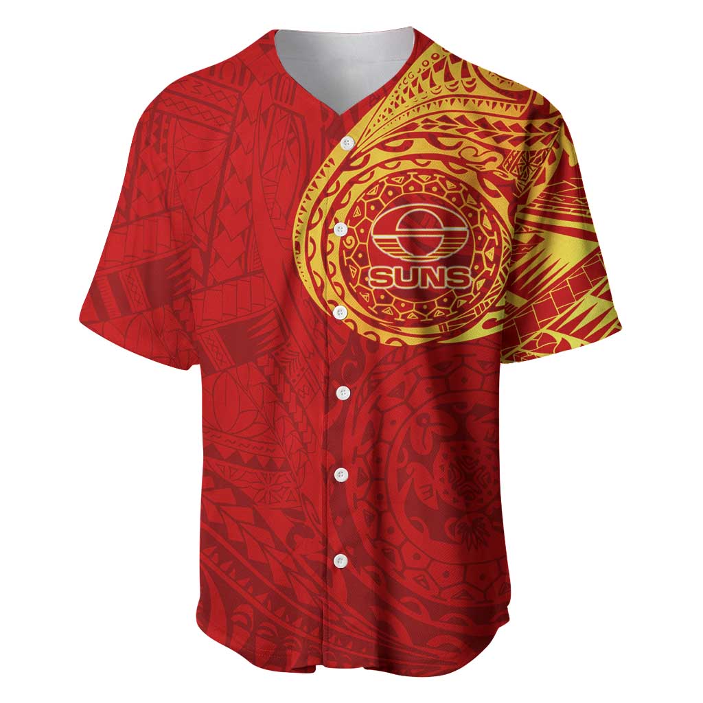 Personalized Gold Coast Suns Polynesian Baseball Jersey Tribal Chest and Sleeve Tattoo Heritage Warrior
