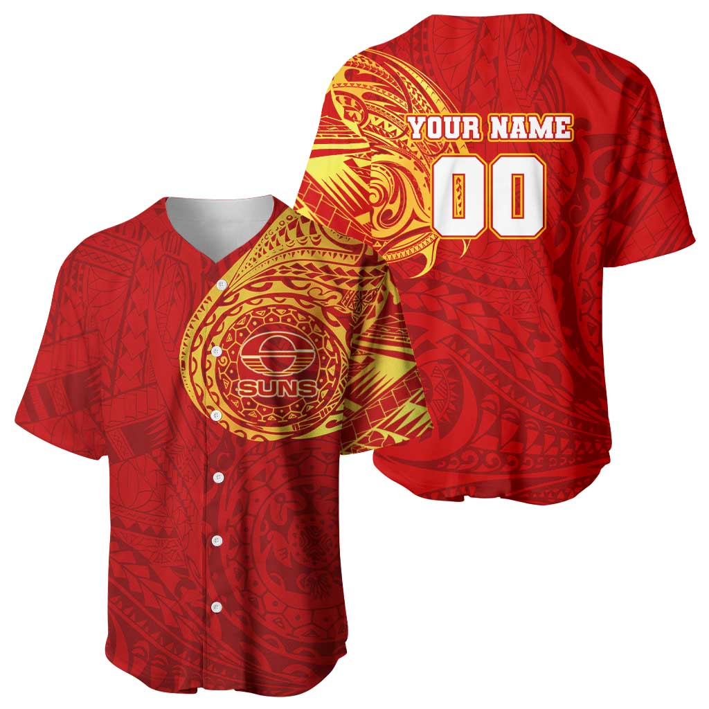 Personalized Gold Coast Suns Polynesian Baseball Jersey Tribal Chest and Sleeve Tattoo Heritage Warrior