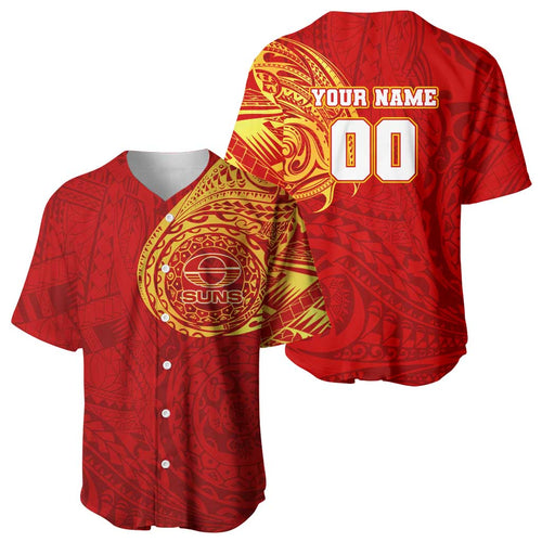 Personalized Gold Coast Suns Polynesian Baseball Jersey Tribal Chest and Sleeve Tattoo Heritage Warrior
