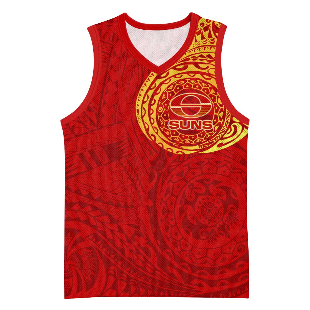 Personalized Gold Coast Suns Polynesian Basketball Jersey Tribal Chest and Sleeve Tattoo Heritage Warrior