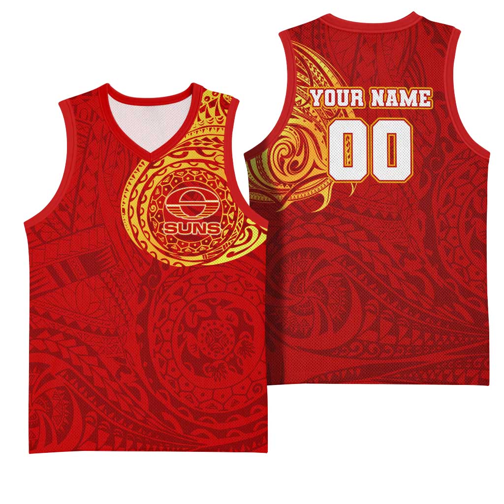 Personalized Gold Coast Suns Polynesian Basketball Jersey Tribal Chest and Sleeve Tattoo Heritage Warrior