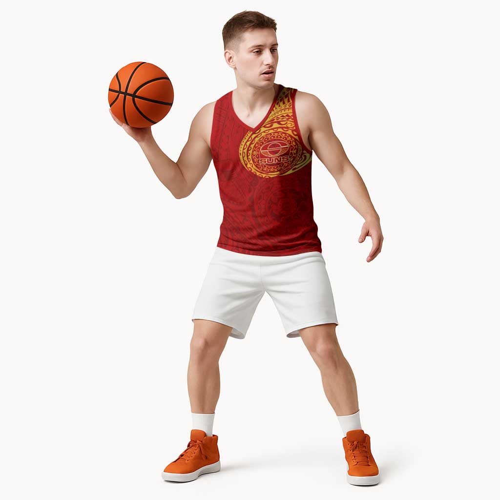 Personalized Gold Coast Suns Polynesian Basketball Jersey Tribal Chest and Sleeve Tattoo Heritage Warrior
