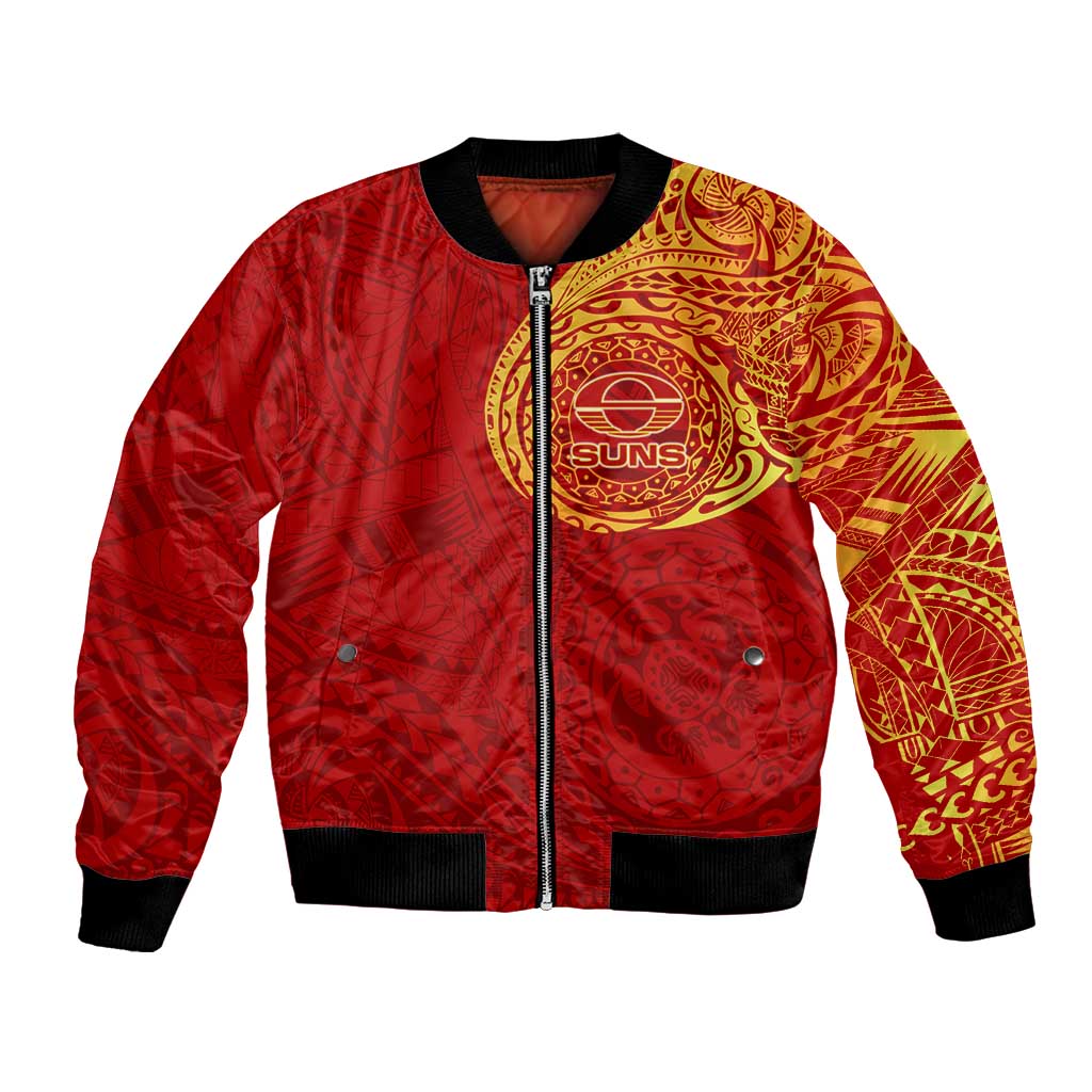 Personalized Gold Coast Suns Polynesian Bomber Jacket Tribal Chest and Sleeve Tattoo Heritage Warrior