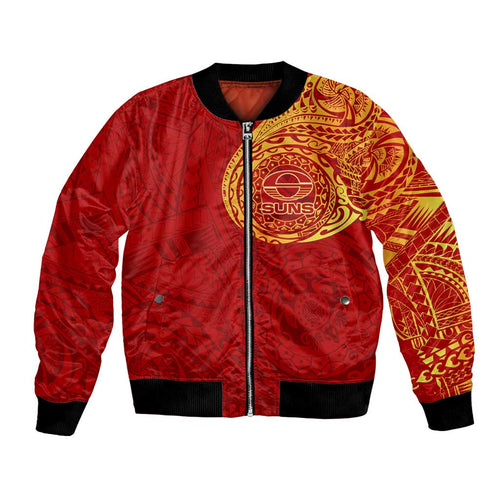 Personalized Gold Coast Suns Polynesian Bomber Jacket Tribal Chest and Sleeve Tattoo Heritage Warrior