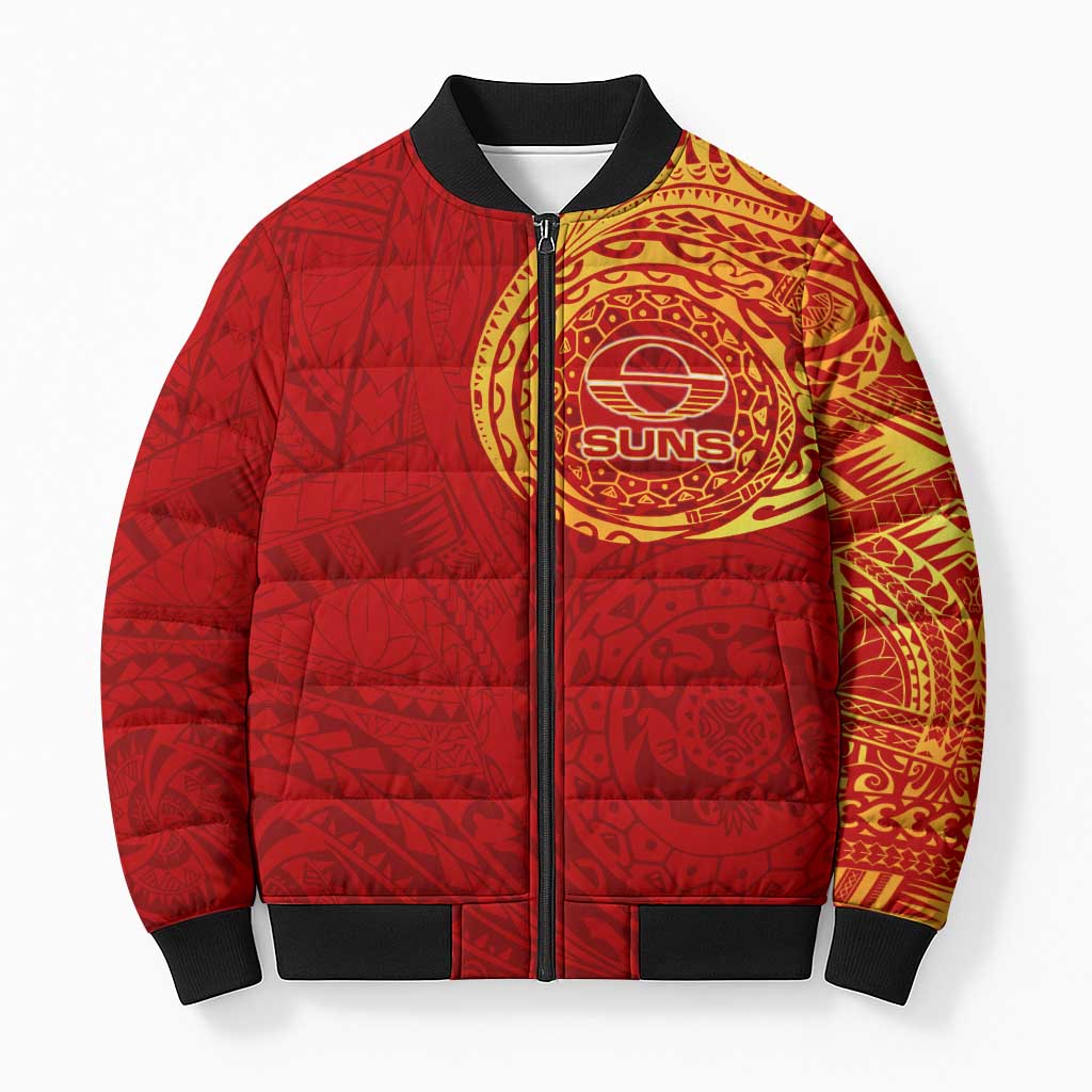 Personalized Gold Coast Suns Polynesian Bomber Puffer Jacket Tribal Chest and Sleeve Tattoo Heritage Warrior