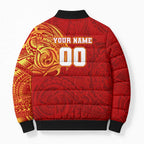 Personalized Gold Coast Suns Polynesian Bomber Puffer Jacket Tribal Chest and Sleeve Tattoo Heritage Warrior