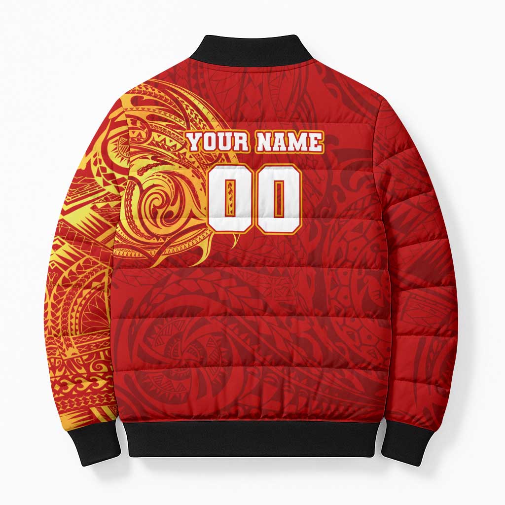 Personalized Gold Coast Suns Polynesian Bomber Puffer Jacket Tribal Chest and Sleeve Tattoo Heritage Warrior