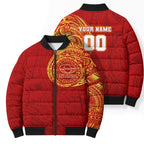 Personalized Gold Coast Suns Polynesian Bomber Puffer Jacket Tribal Chest and Sleeve Tattoo Heritage Warrior
