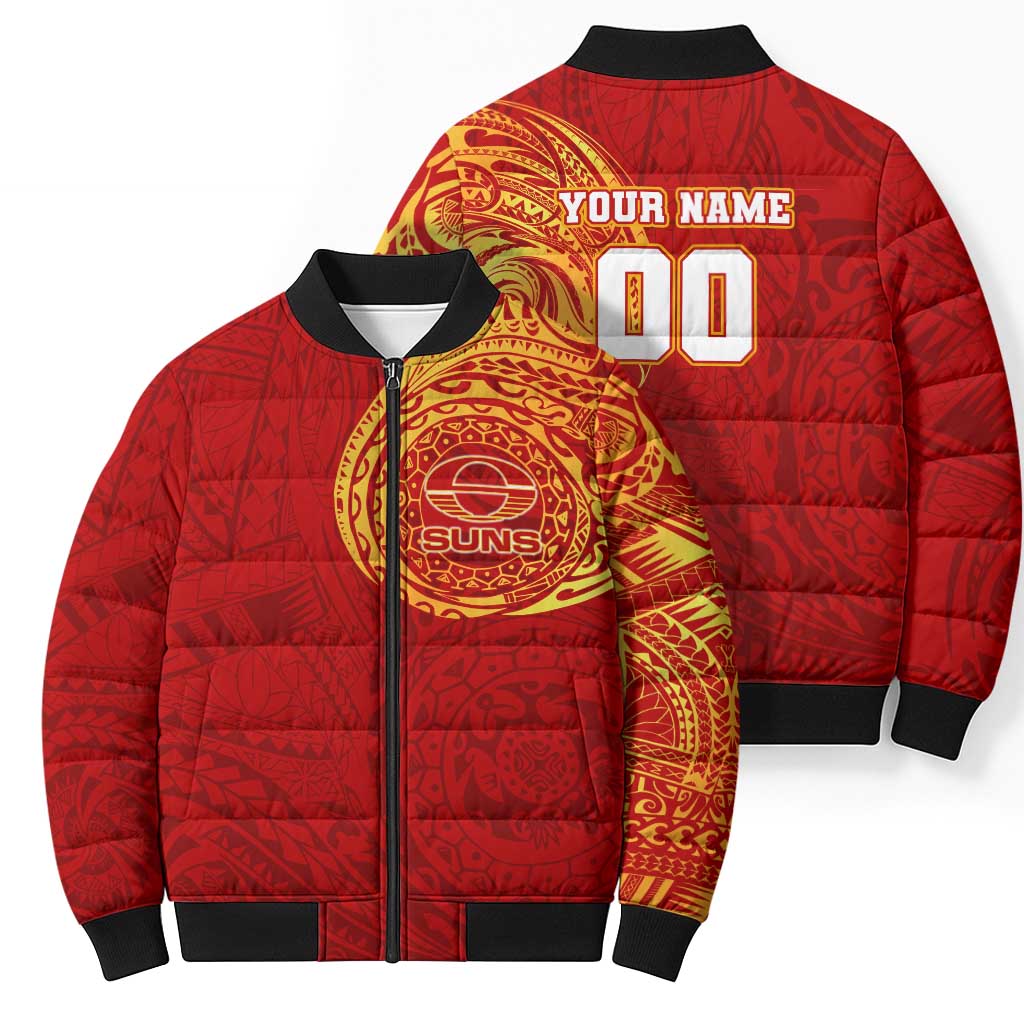 Personalized Gold Coast Suns Polynesian Bomber Puffer Jacket Tribal Chest and Sleeve Tattoo Heritage Warrior