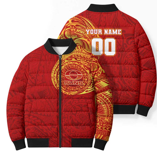 Personalized Gold Coast Suns Polynesian Bomber Puffer Jacket Tribal Chest and Sleeve Tattoo Heritage Warrior