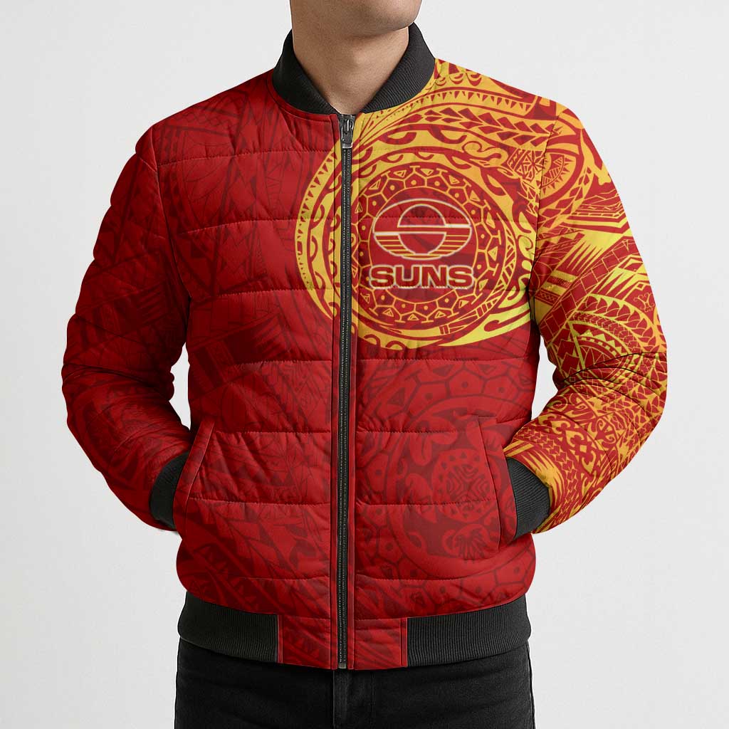 Personalized Gold Coast Suns Polynesian Bomber Puffer Jacket Tribal Chest and Sleeve Tattoo Heritage Warrior