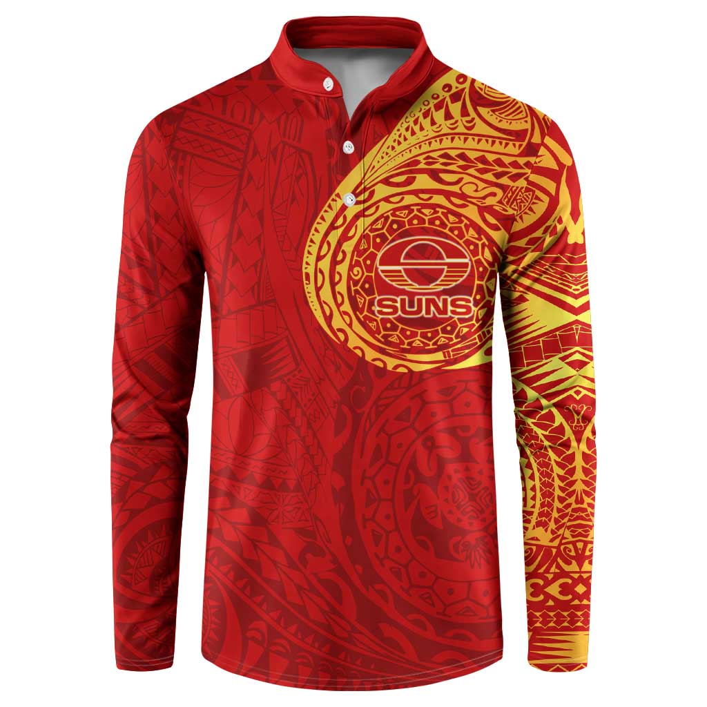 Personalized Gold Coast Suns Polynesian Button Sweatshirt Tribal Chest and Sleeve Tattoo Heritage Warrior
