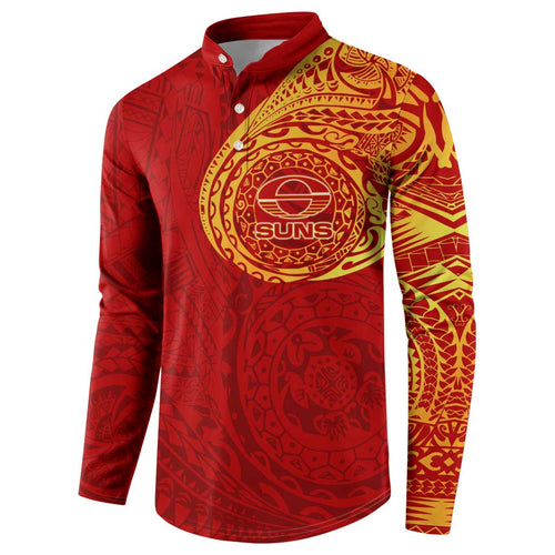 Personalized Gold Coast Suns Polynesian Button Sweatshirt Tribal Chest and Sleeve Tattoo Heritage Warrior