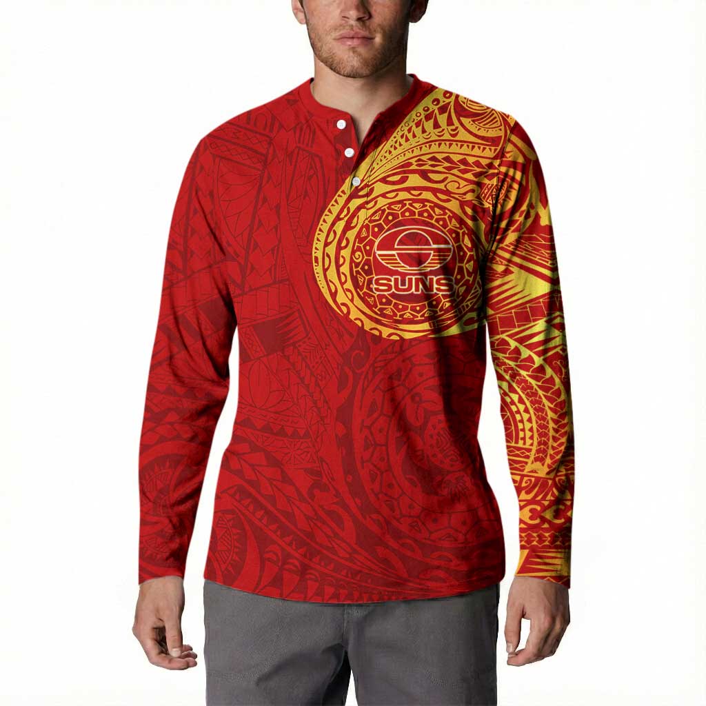 Personalized Gold Coast Suns Polynesian Button Sweatshirt Tribal Chest and Sleeve Tattoo Heritage Warrior