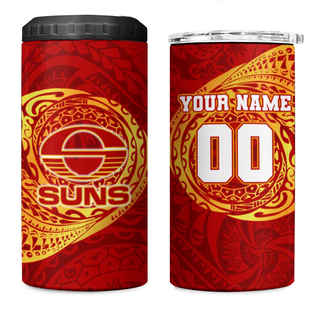 Personalized Gold Coast Suns Polynesian 4 in 1 Can Cooler Tumbler Tribal Chest and Sleeve Tattoo Heritage Warrior