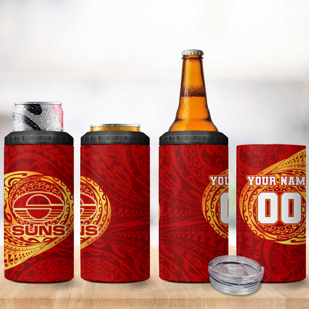 Personalized Gold Coast Suns Polynesian 4 in 1 Can Cooler Tumbler Tribal Chest and Sleeve Tattoo Heritage Warrior