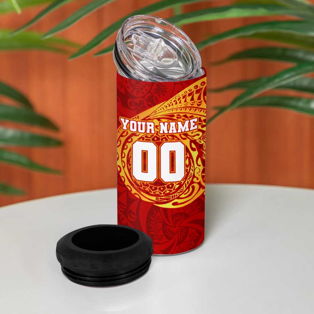 Personalized Gold Coast Suns Polynesian 4 in 1 Can Cooler Tumbler Tribal Chest and Sleeve Tattoo Heritage Warrior