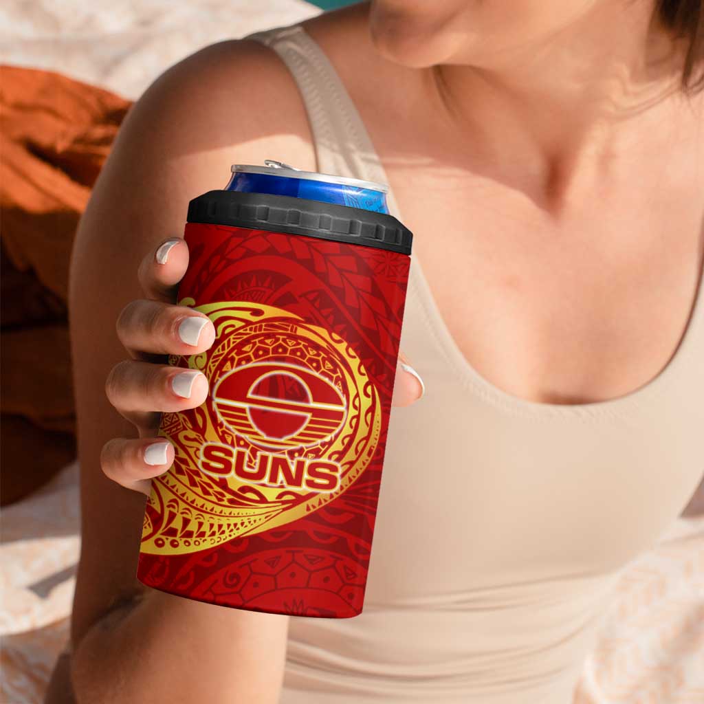 Personalized Gold Coast Suns Polynesian 4 in 1 Can Cooler Tumbler Tribal Chest and Sleeve Tattoo Heritage Warrior