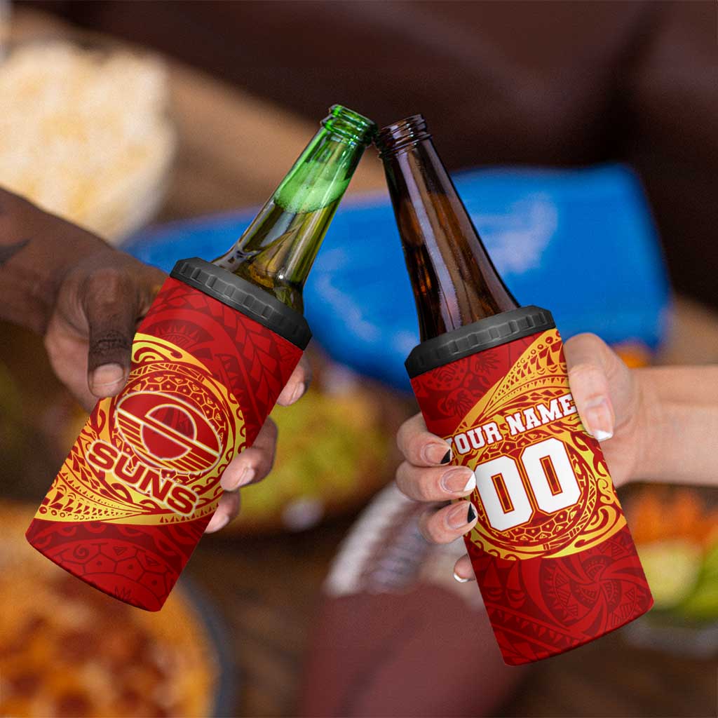 Personalized Gold Coast Suns Polynesian 4 in 1 Can Cooler Tumbler Tribal Chest and Sleeve Tattoo Heritage Warrior
