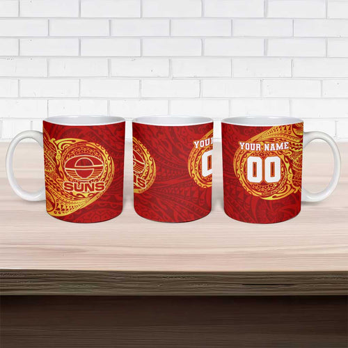 Personalized Gold Coast Suns Polynesian Ceramic Mug Tribal Chest and Sleeve Tattoo Heritage Warrior