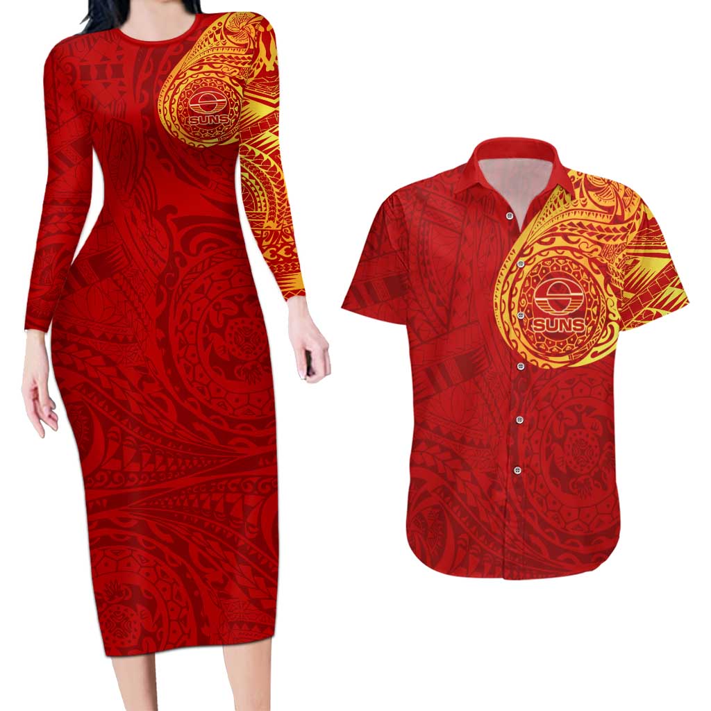 Personalized Gold Coast Suns Polynesian Couples Matching Long Sleeve Bodycon Dress and Hawaiian Shirt Tribal Chest and Sleeve Tattoo Heritage Warrior