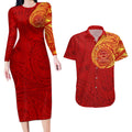 Personalized Gold Coast Suns Polynesian Couples Matching Long Sleeve Bodycon Dress and Hawaiian Shirt Tribal Chest and Sleeve Tattoo Heritage Warrior