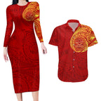Personalized Gold Coast Suns Polynesian Couples Matching Long Sleeve Bodycon Dress and Hawaiian Shirt Tribal Chest and Sleeve Tattoo Heritage Warrior
