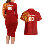 Personalized Gold Coast Suns Polynesian Couples Matching Long Sleeve Bodycon Dress and Hawaiian Shirt Tribal Chest and Sleeve Tattoo Heritage Warrior