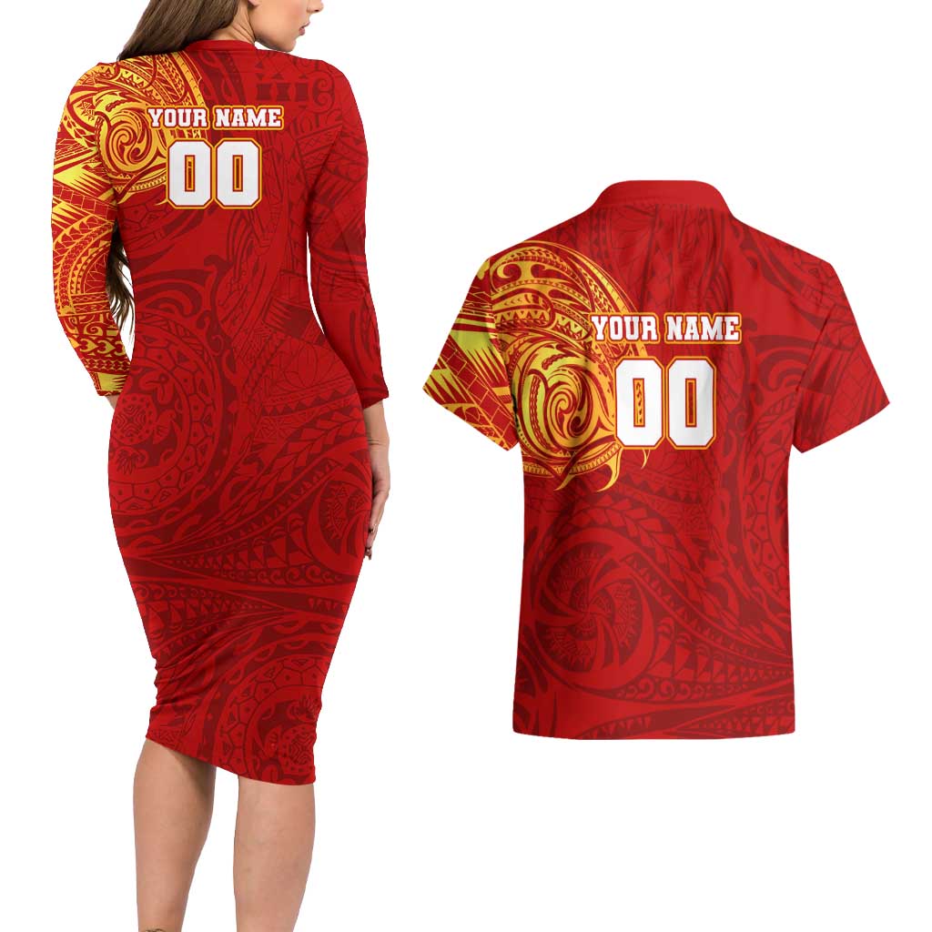 Personalized Gold Coast Suns Polynesian Couples Matching Long Sleeve Bodycon Dress and Hawaiian Shirt Tribal Chest and Sleeve Tattoo Heritage Warrior