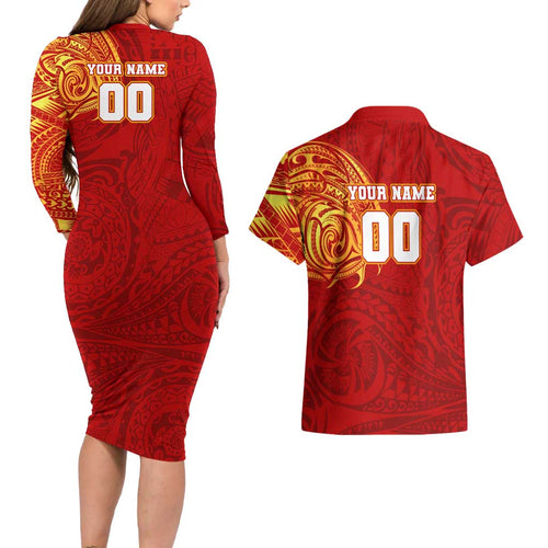 Personalized Gold Coast Suns Polynesian Couples Matching Long Sleeve Bodycon Dress and Hawaiian Shirt Tribal Chest and Sleeve Tattoo Heritage Warrior