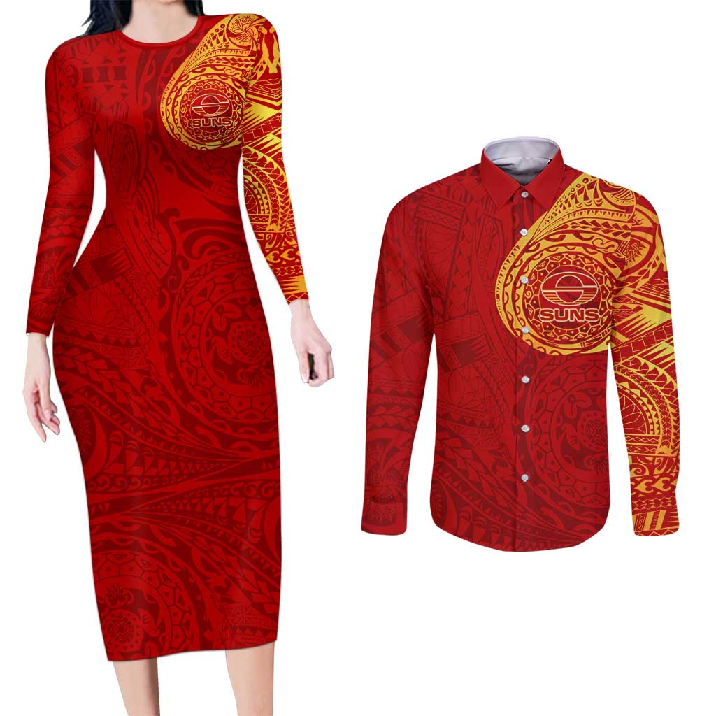 Personalized Gold Coast Suns Polynesian Couples Matching Long Sleeve Bodycon Dress and Long Sleeve Button Shirt Tribal Chest and Sleeve Tattoo Heritage Warrior