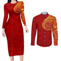 Personalized Gold Coast Suns Polynesian Couples Matching Long Sleeve Bodycon Dress and Long Sleeve Button Shirt Tribal Chest and Sleeve Tattoo Heritage Warrior